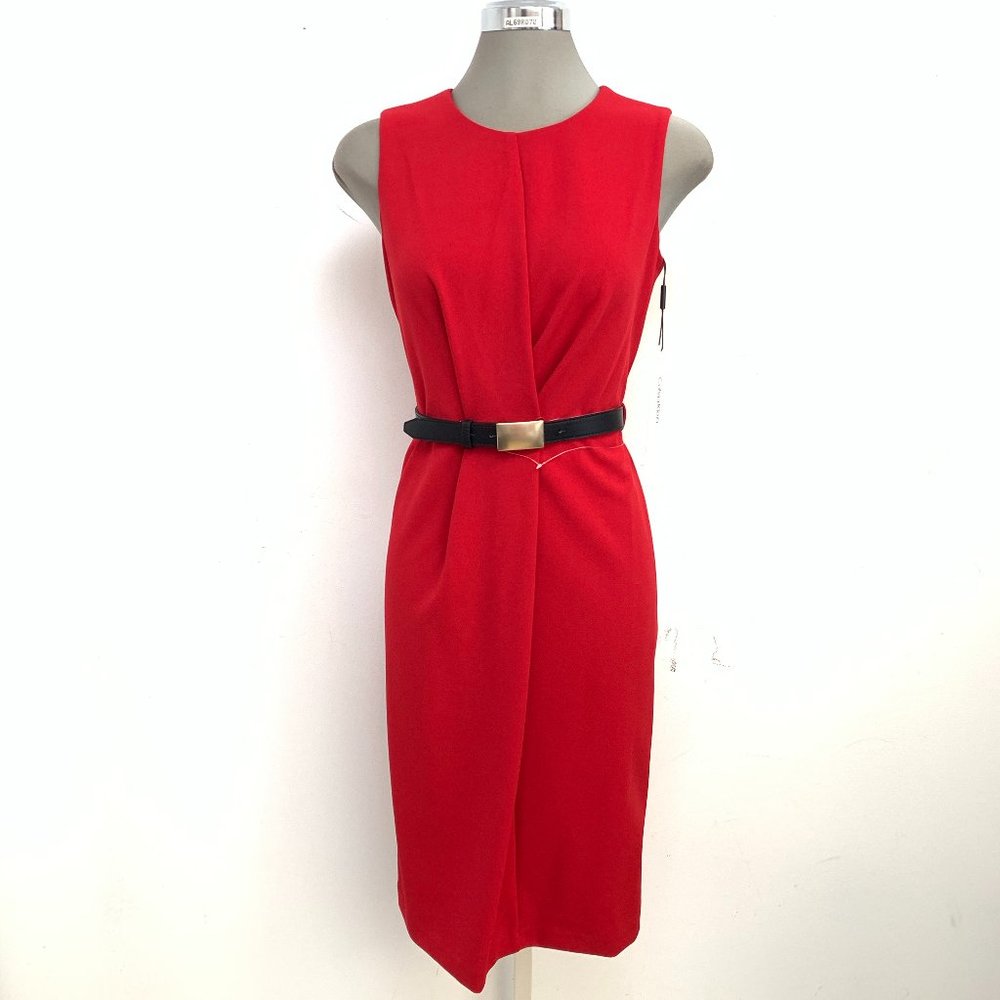 New CALVIN KLEIN Pleated Front Belted Sheath Red DRESS size 6 and size 8